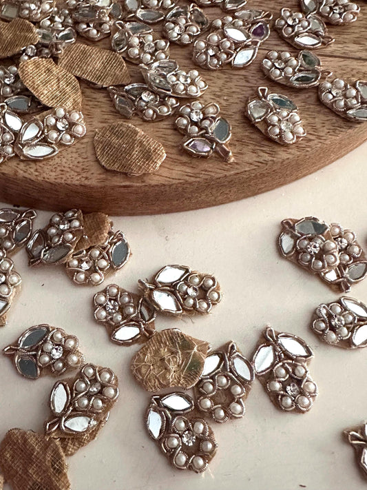 Vintage Style Applique Small Pearl & Mirror Patch with Zircon floral Indian Embroidered Embellishment