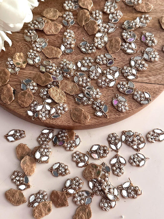 Vintage Style Applique Small Pearl & Mirror Patch with Zircon floral Indian Embroidered Embellishment