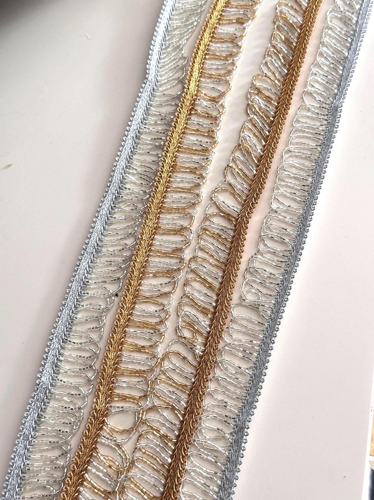 Elegant Beaded Tassel Choker Lace Glass Bead Gold and Silver Crystal Metallic Trim