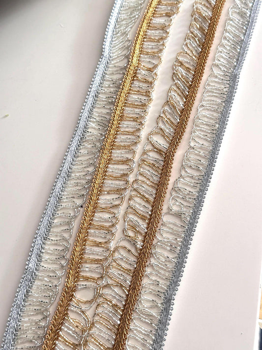 Elegant Beaded Tassel Choker Lace Glass Bead Gold and Silver Crystal Metallic Trim
