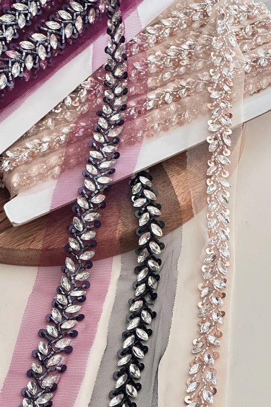 Crystal Beaded Edge Trim with Rhinestone Pearl Leaves for Crafting Sewing Assorted Color