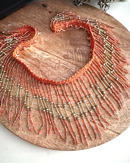 Handmade Bohemian Style Orange & Gold Beaded Fringe Trim Delicate Choker Jewelry Seed Bead Fringe