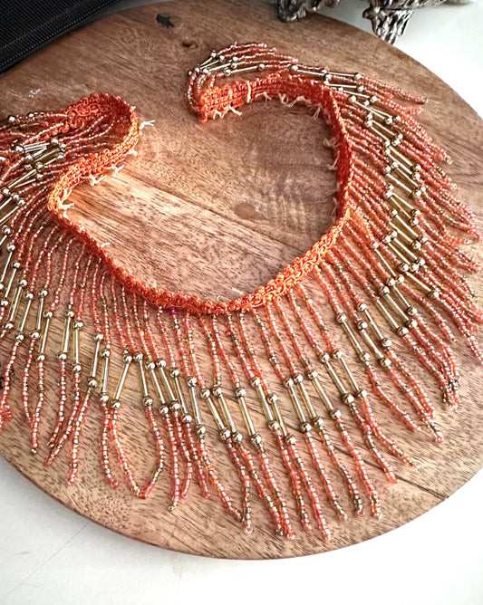 Handmade Bohemian Style Orange & Gold Beaded Fringe Trim Delicate Choker Jewelry Seed Bead Fringe