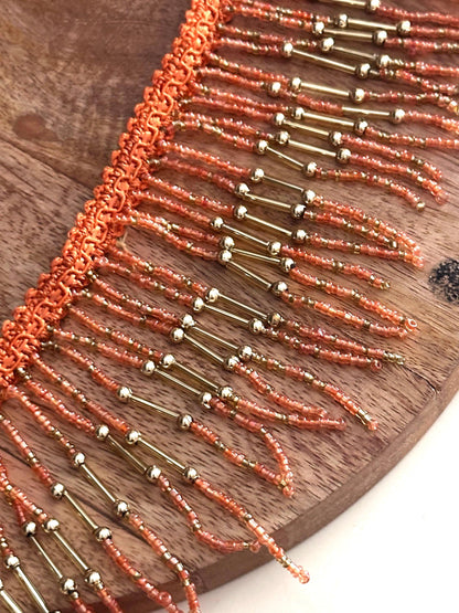 Handmade Bohemian Style Orange & Gold Beaded Fringe Trim Delicate Choker Jewelry Seed Bead Fringe