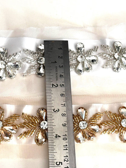 Handmade Crystal Beaded Trim Gold and Silver Embroidered Lace For Bridal Couture Festival Belt Dress
