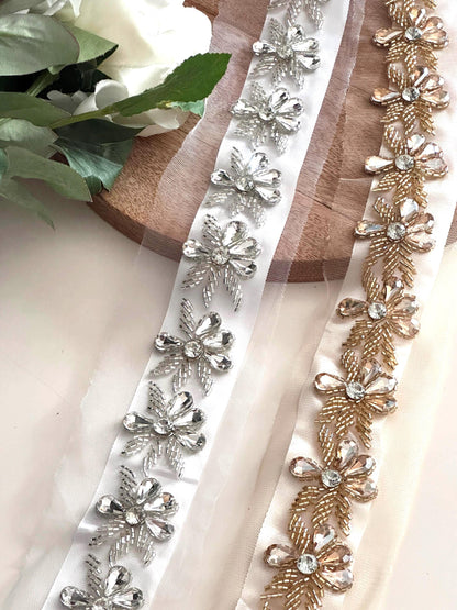 Handmade Crystal Beaded Trim Gold and Silver Embroidered Lace For Bridal Couture Festival Belt Dress