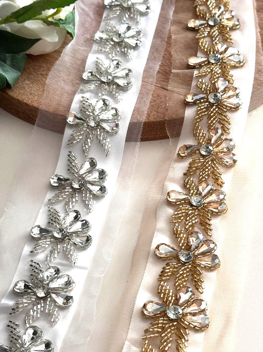 Handmade Crystal Beaded Trim Gold and Silver Embroidered Lace For Bridal Couture Festival Belt Dress