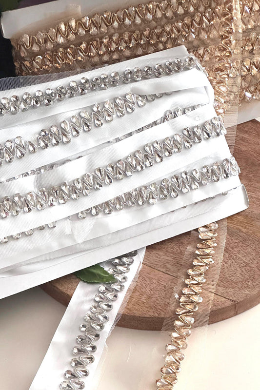 Luxury Crystal Beaded Trim Rhinestone Tear Applique Lace for Wedding Dress Bridal Veil DIY Costume Gold & Silver Embellished Sewing Craft