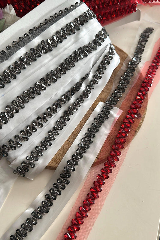 Crystal Rhinestone Trim Bridal Rhinestone Beaded Red & Black Lace Ribbon Applique