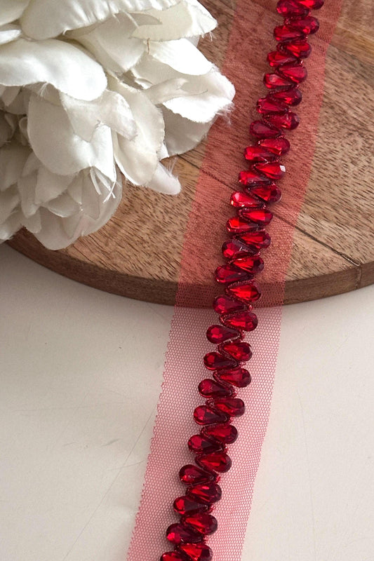Crystal Rhinestone Trim Bridal Rhinestone Beaded Red & Black Lace Ribbon Applique