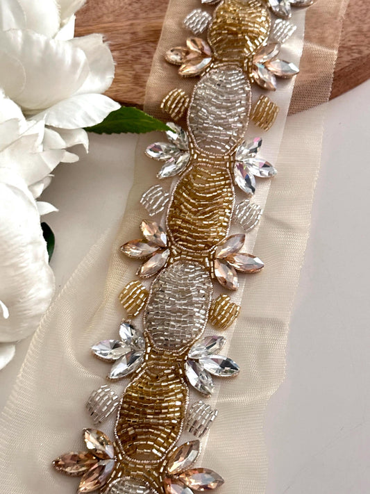 Hand Embroidered Trim Rhinestone Lace Bridal Couture Trim For Wedding Gown Veil