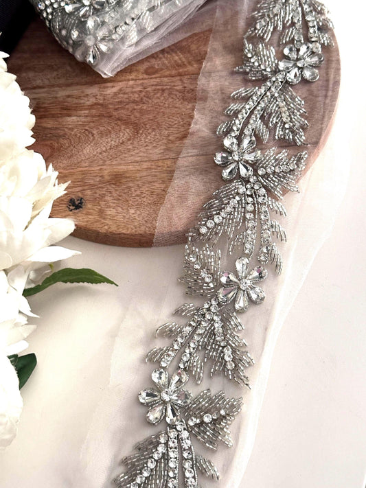 Hand Embroidered Trim Big Crystal Lace Bridal Couture For Wedding Veil Bridesmaid Dress