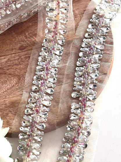 Rhinestone Diamanté Chain Trim Couture Glass Bead Applique Lace