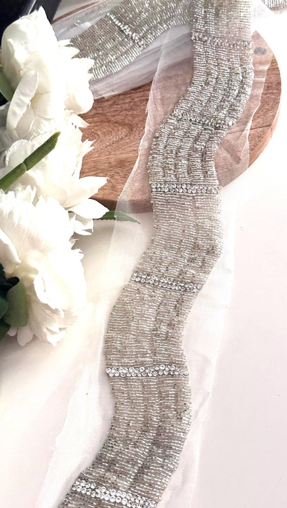 Luxury Rhinestone Trim Broad Glass Bead Wedding Gown Applique Lace For Dancer Prom Dress