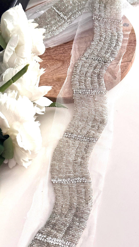 Luxury Rhinestone Trim Broad Glass Bead Wedding Gown Applique Lace For Dancer Prom Dress