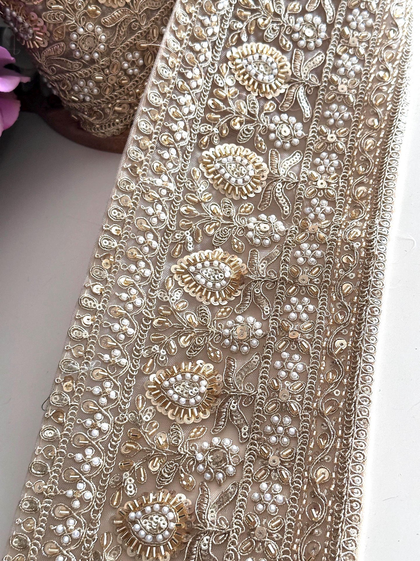 Pearl and Sequin Embroidery Trim Gold