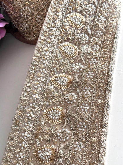 Pearl and Sequin Embroidery Trim Gold