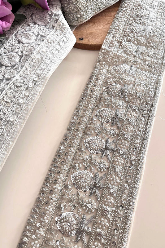 Luxury Silver Beaded Embroidery Fabric Trim Vintage look Pearl Floral Pattern Indian Saree Border