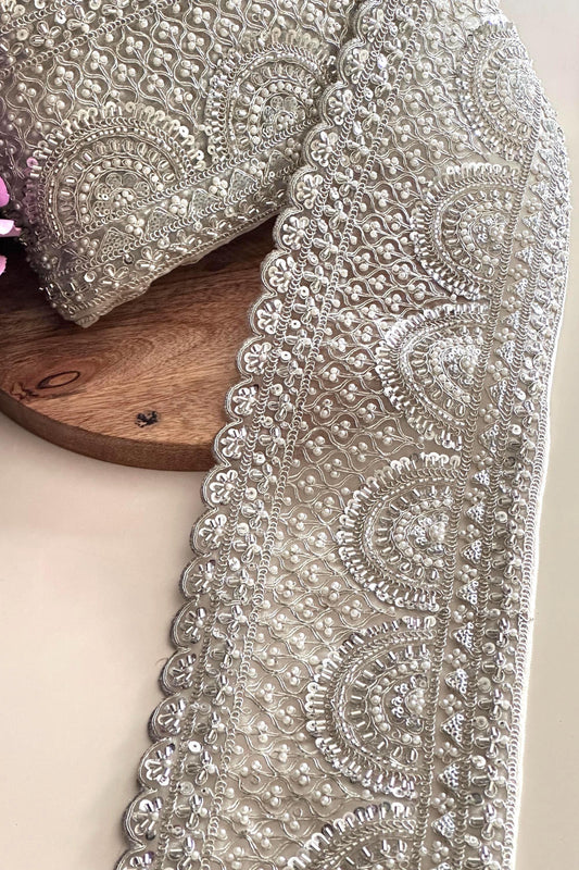 Silver Pearl Bead Lace Trim Bridal Sequin Embellished Scallop Edge Fabric Vintage Look