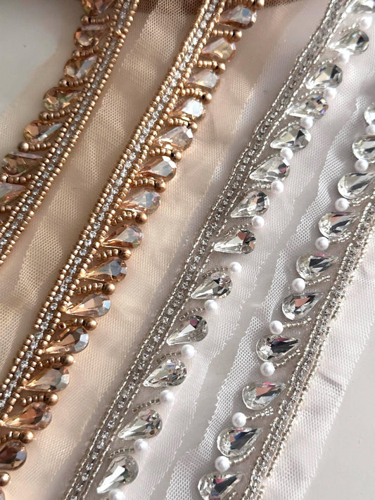 Crystal Pearl Beaded Trim Wedding Ribbon Bridal Belt Sash Pearl Shoulder Strap