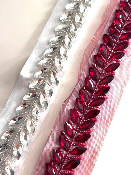 Luxury Crystal Red Beaded Trim Handmade Lace Wedding Dress Sash Headband