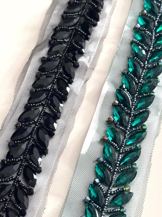 Black Emerald Crystal Trim Bridal Rhinestone Beaded Embellishment Lace