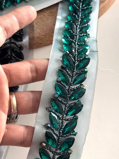 Black Emerald Crystal Trim Bridal Rhinestone Beaded Embellishment Lace