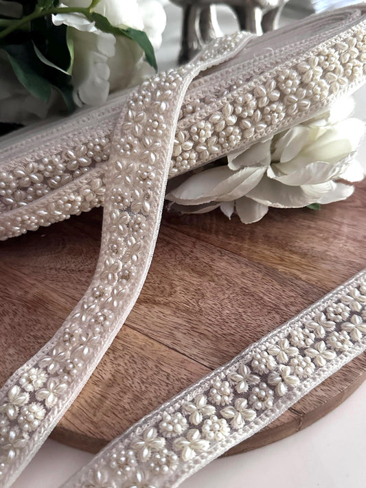 Ivory Pearl Beaded Embroidery Trim Hair Accessory