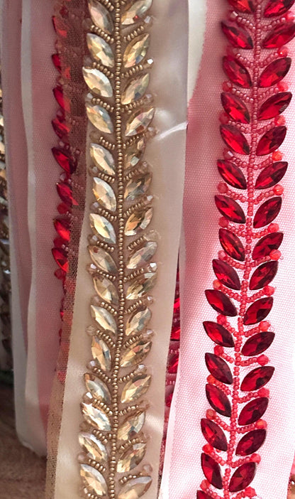 Rhinestone Leaf Ribbon Bridal Red & Gold Decorative Trim Costume Lace Wedding Sash