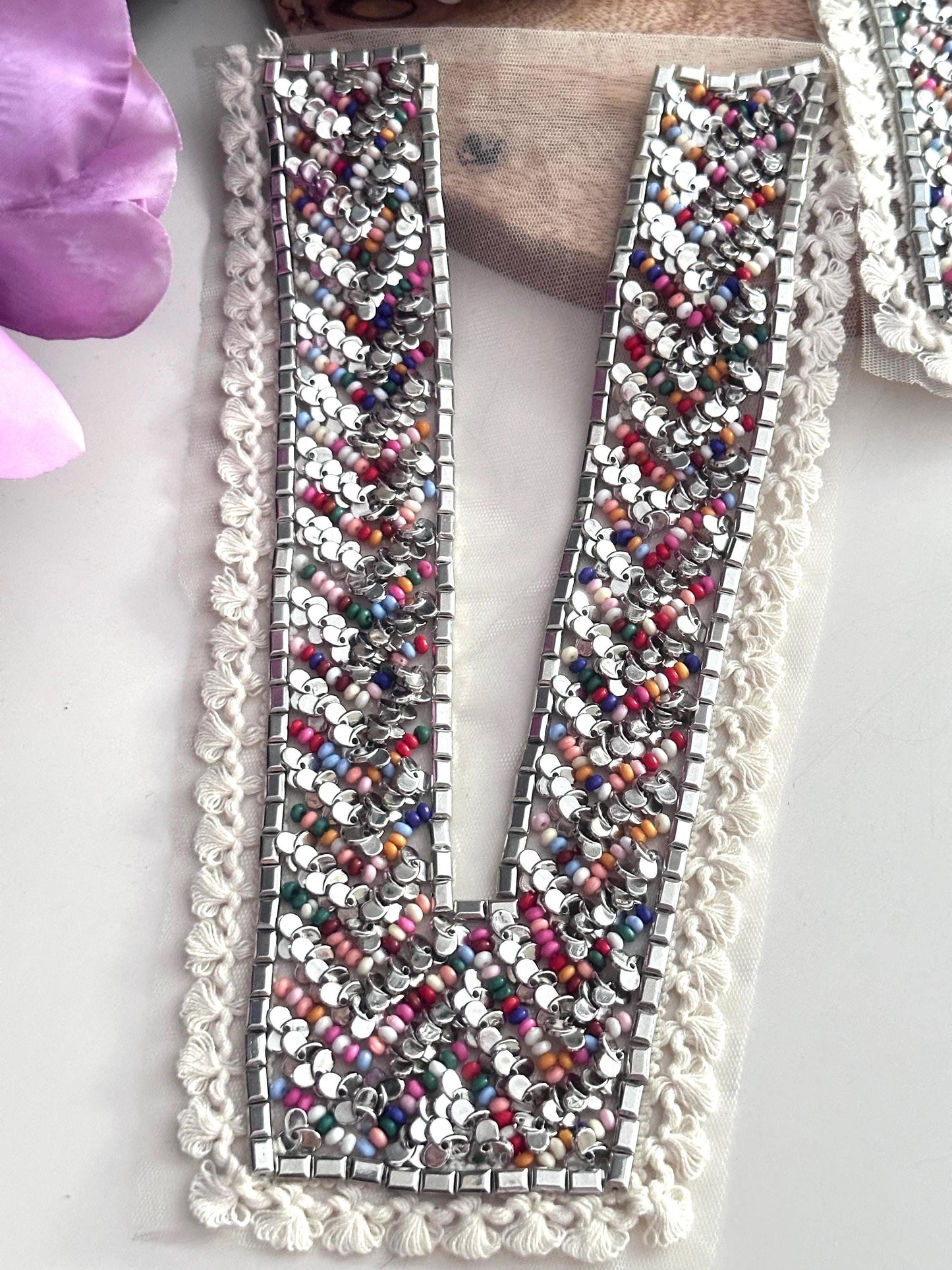 Silver Sequin Beaded Neck Applique