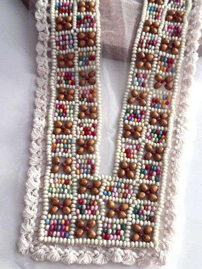 Hand Beaded Neck Applique Patch for Dress Ethnic Boho Wooden Bead Embroidery Neckline Collar Shirt Yoke V Shape Neck Patch Crafting Trim