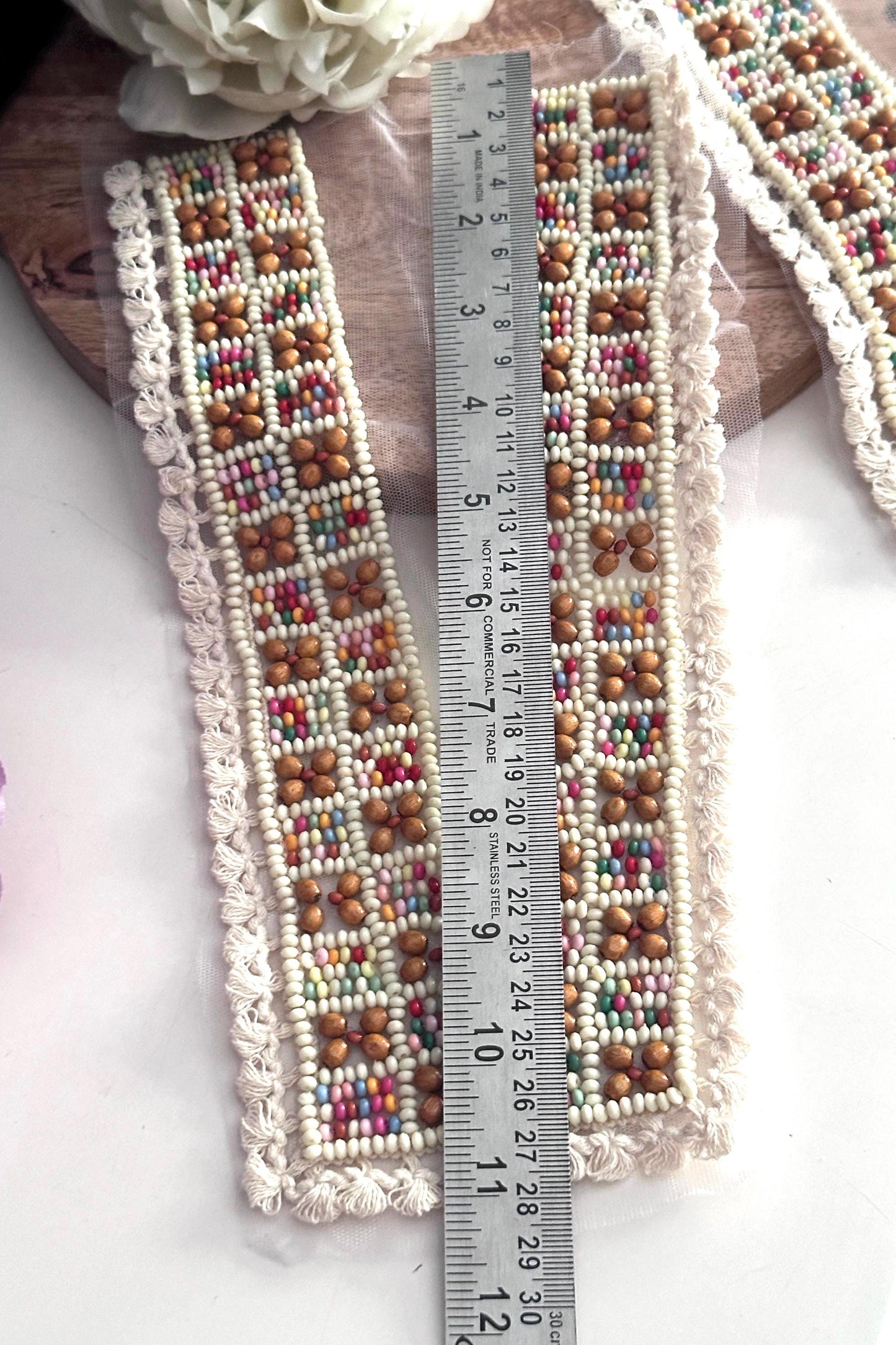Hand Beaded Neck Applique Patch for Dress Ethnic Boho Wooden Bead Embroidery Neckline Collar Shirt Yoke V Shape Neck Patch Crafting Trim