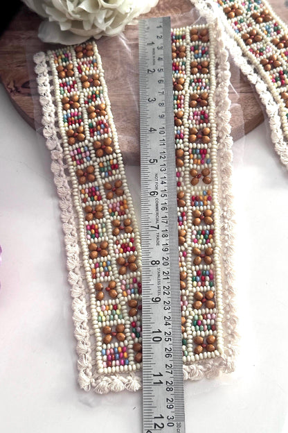 Hand Beaded Neck Applique Patch for Dress Ethnic Boho Wooden Bead Embroidery Neckline Collar Shirt Yoke V Shape Neck Patch Crafting Trim