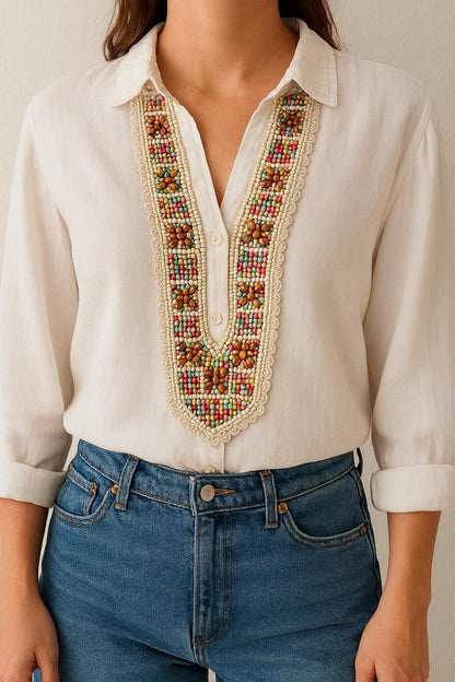 Hand Beaded Neck Applique Patch for Dress Ethnic Boho Wooden Bead Embroidery Neckline Collar Shirt Yoke V Shape Neck Patch Crafting Trim