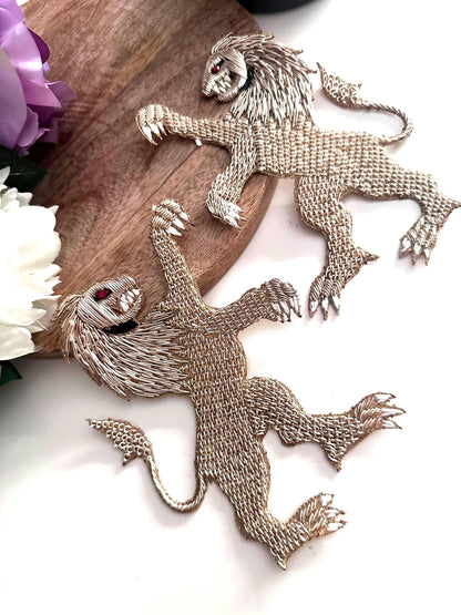 Hand Embroidered Metallic Thread Gold Lion Crest Patch