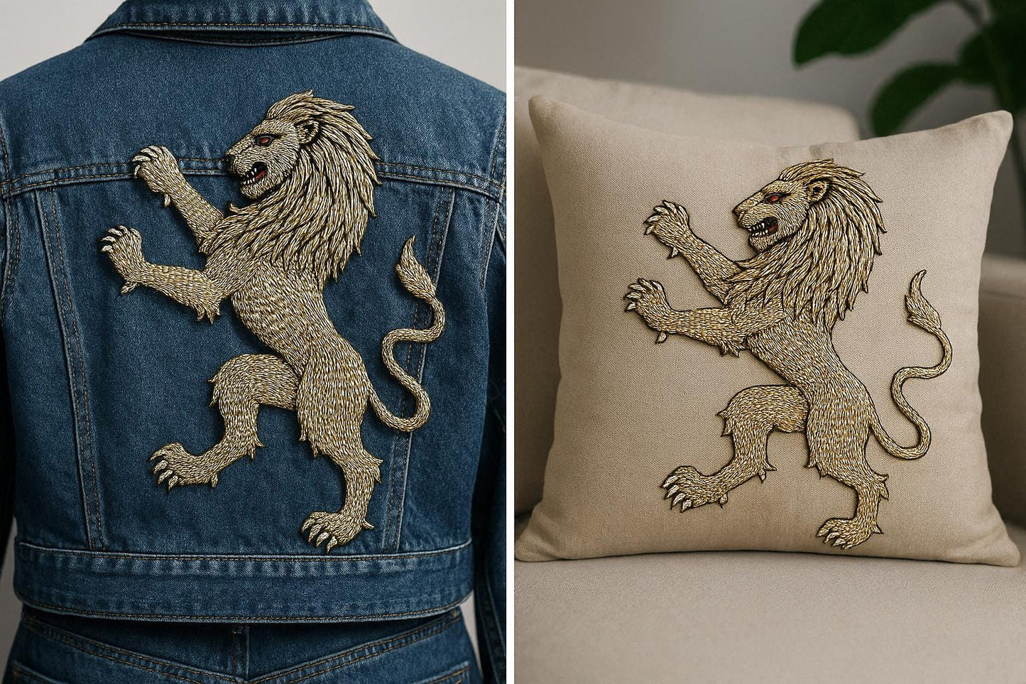 Hand Embroidered Metallic Thread Gold Lion Crest Patch