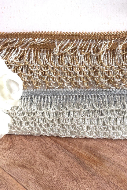 Elegant Beaded Tassel Choker Lace Glass Bead Gold and Silver Crystal Metallic Trim