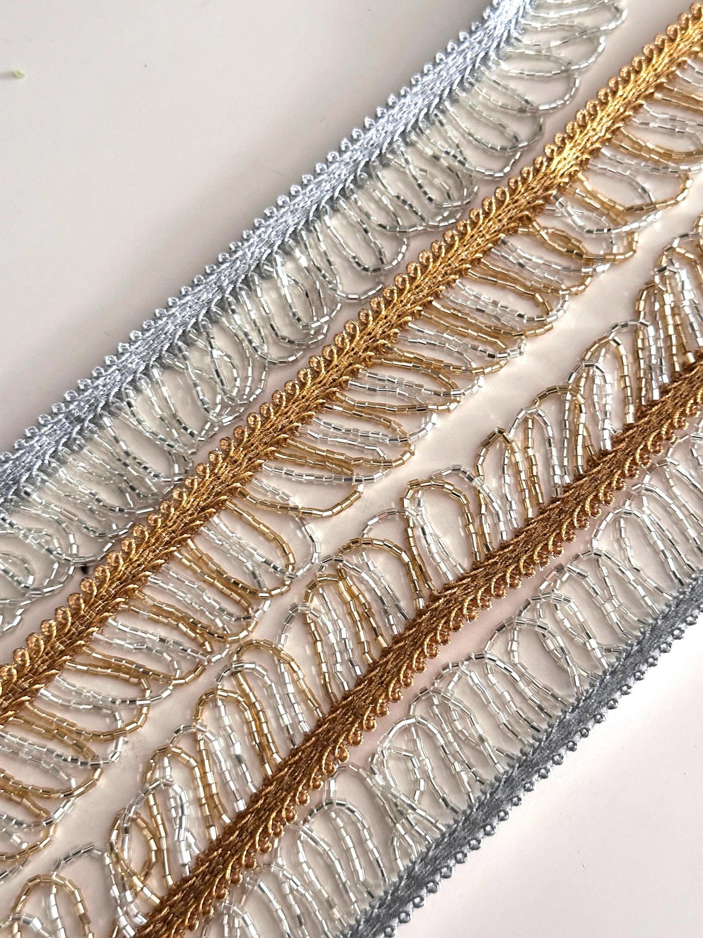 Elegant Beaded Tassel Choker Lace Glass Bead Gold and Silver Crystal Metallic Trim