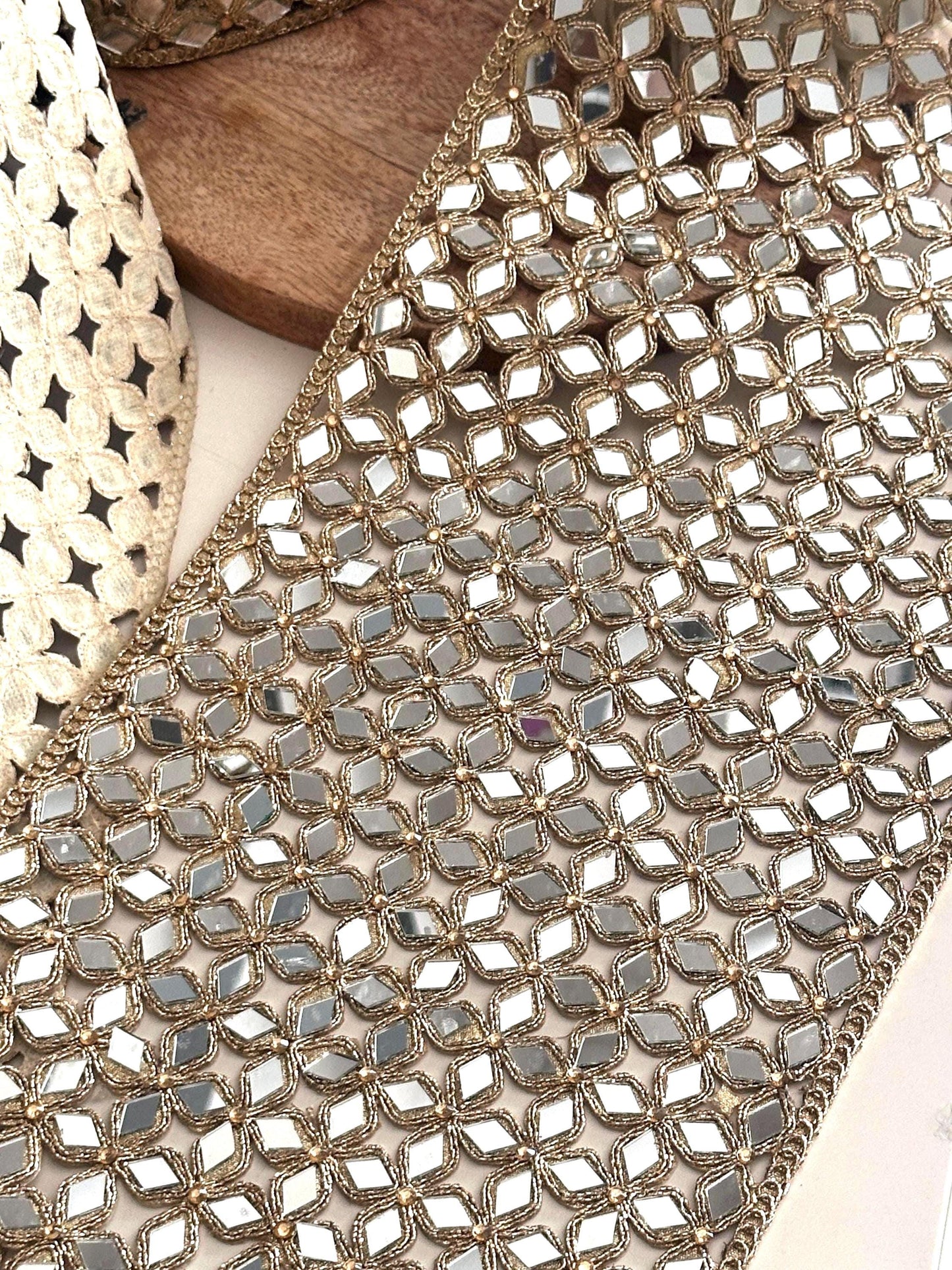 Gold Mirror Fabric Handmade Embellished Belt, Skirt, or Designer Trim