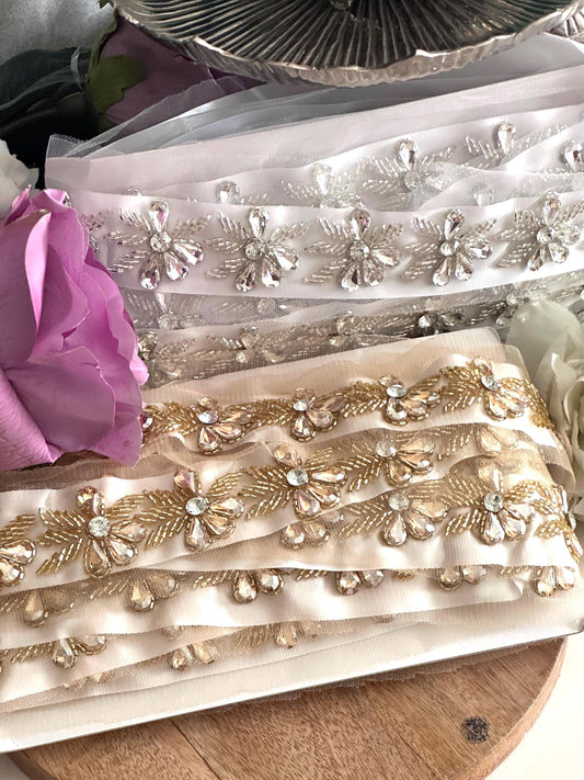 Handmade Crystal Beaded Trim Gold and Silver Embroidered Lace For Bridal Couture Festival Belt Dress