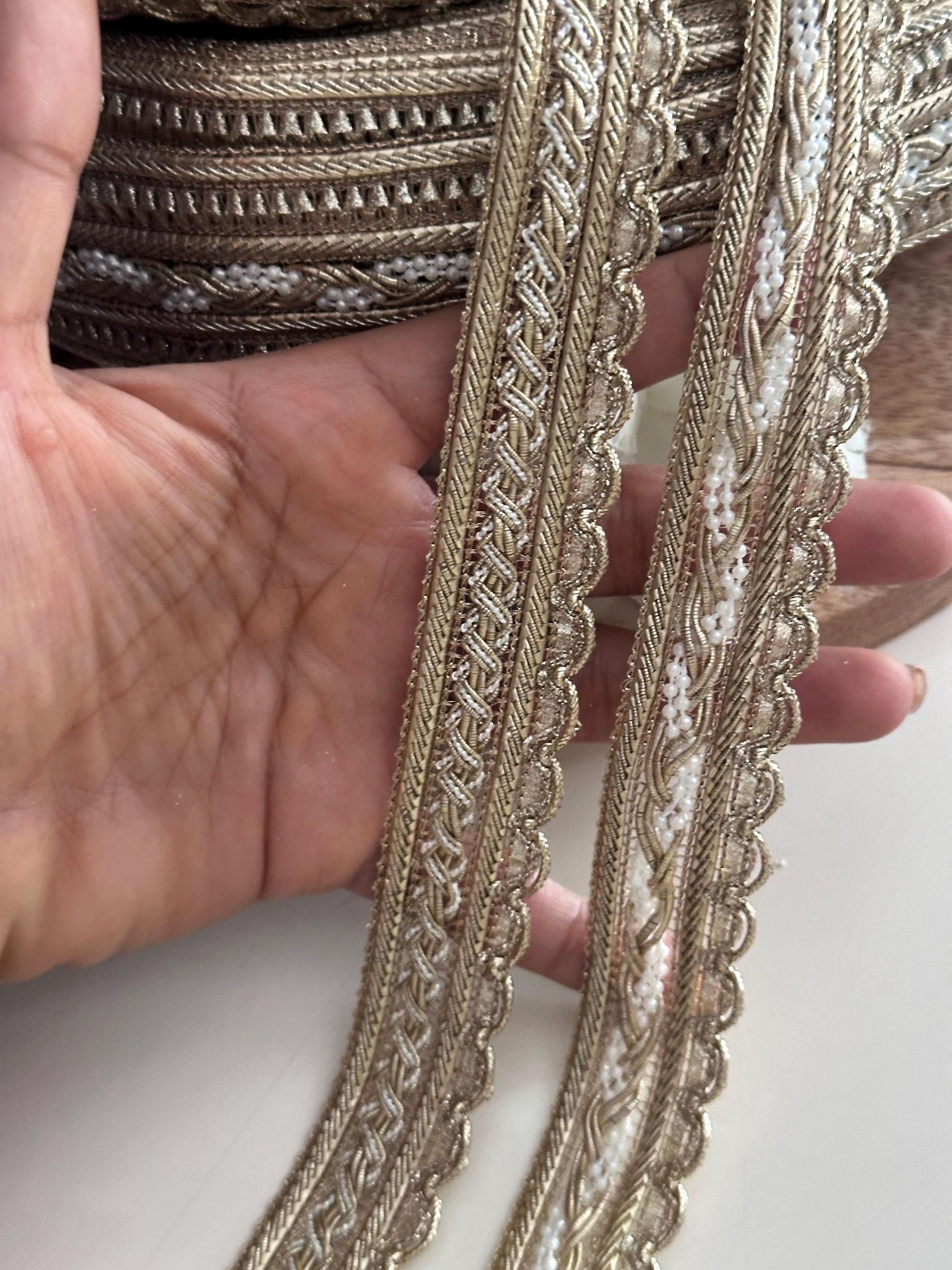 Gold crafting lace trims with pearl bead accents and scalloped edges