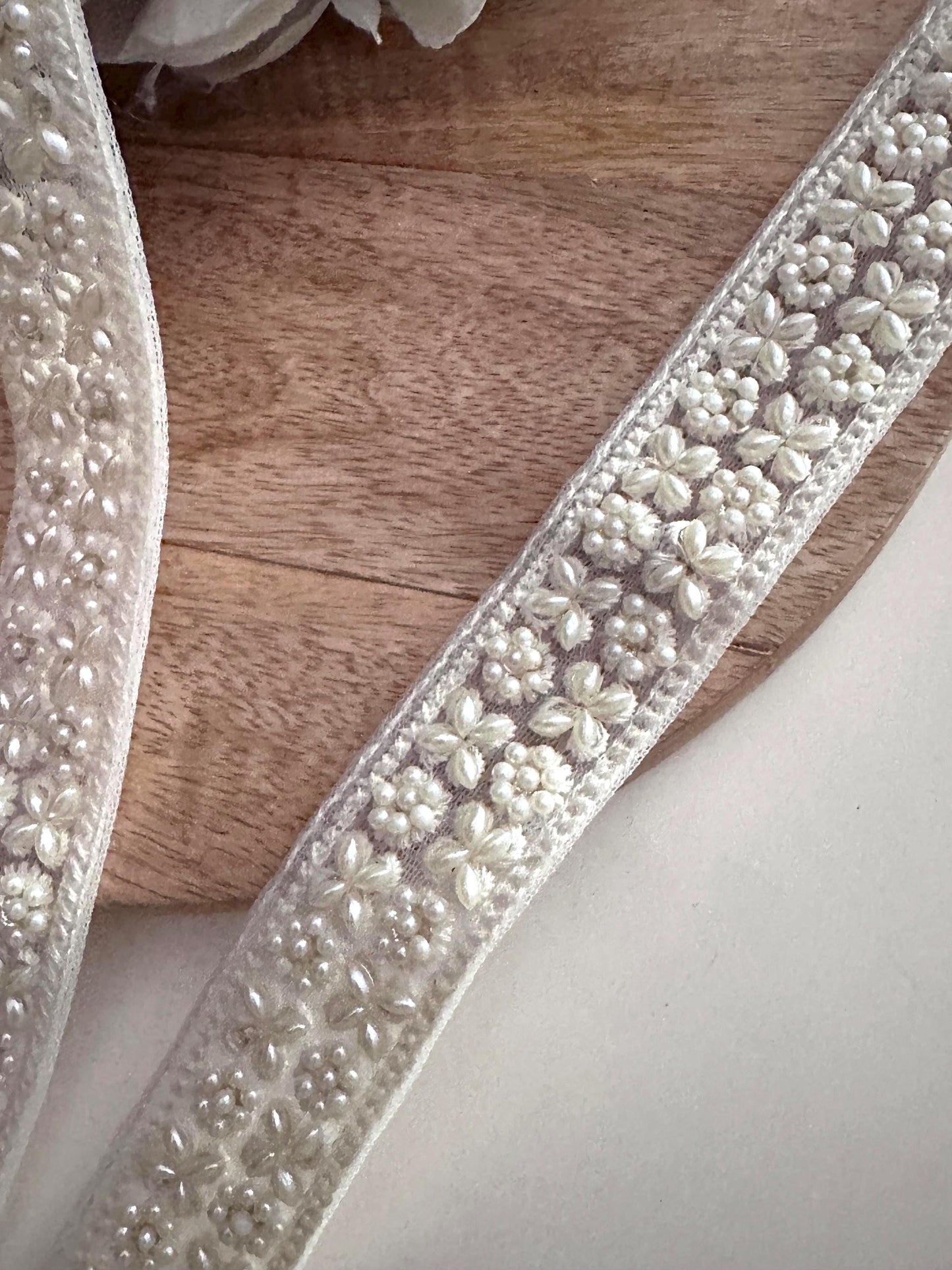 Ivory Pearl Beaded Embroidery Trim Hair Accessory