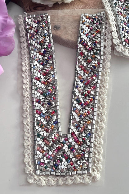 Silver Sequin Beaded Neck Applique