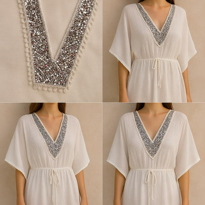 Silver Sequin Beaded Neck Applique