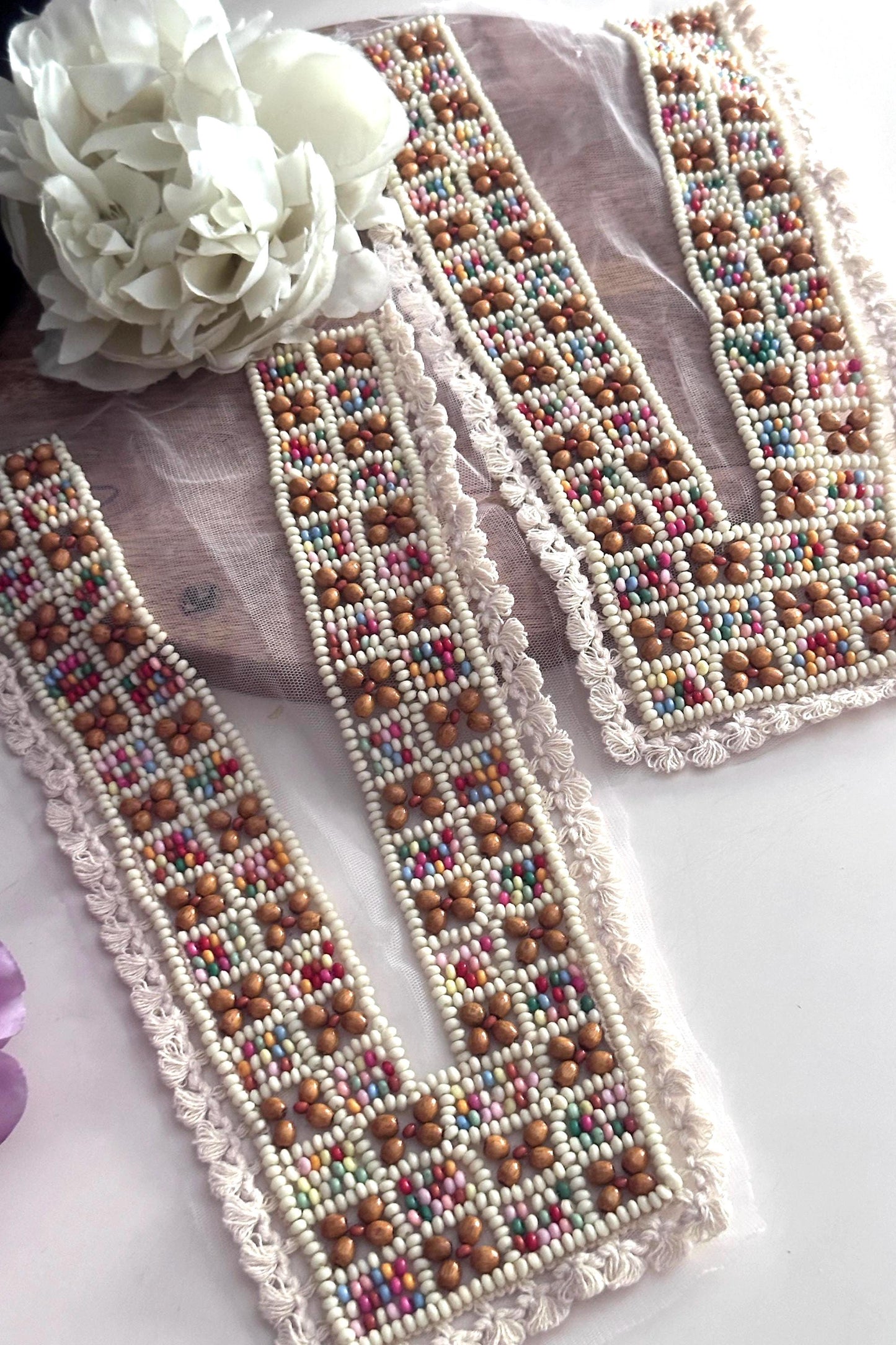 Hand Beaded Neck Applique Patch for Dress Ethnic Boho Wooden Bead Embroidery Neckline Collar Shirt Yoke V Shape Neck Patch Crafting Trim