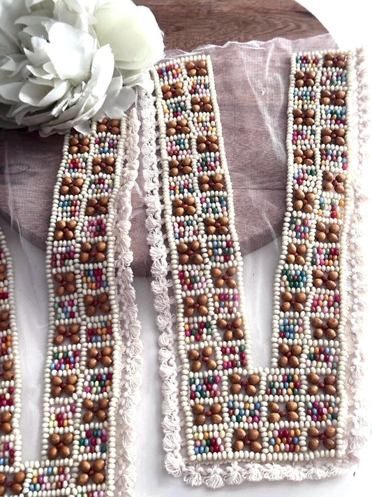 Hand Beaded Neck Applique Patch for Dress Ethnic Boho Wooden Bead Embroidery Neckline Collar Shirt Yoke V Shape Neck Patch Crafting Trim
