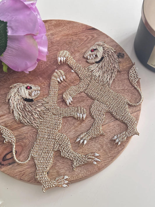 Hand Embroidered Metallic Thread Gold Lion Crest Patch