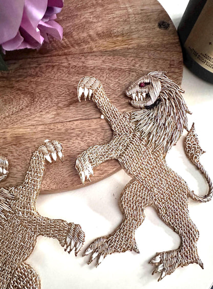 Hand Embroidered Metallic Thread Gold Lion Crest Patch