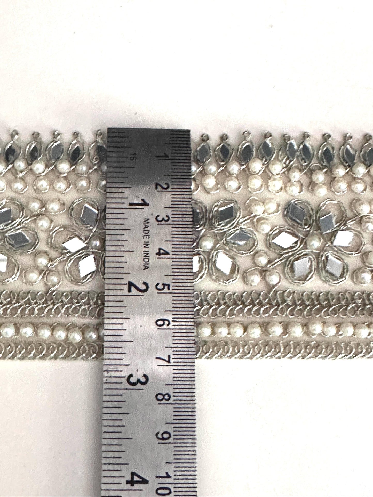 Floral Pearl Trim Light Gold Mirror Work Beaded