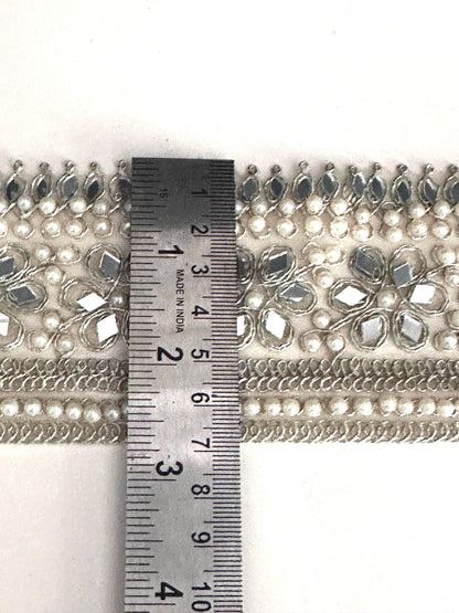 Floral Pearl Trim Light Gold Mirror Work Beaded